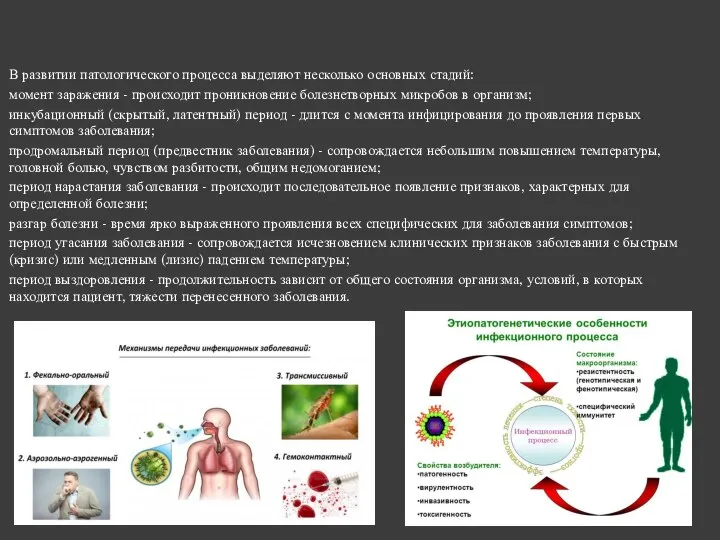 В развитии патологического процесса выделяют несколько основных стадий: момент заражения - происходит