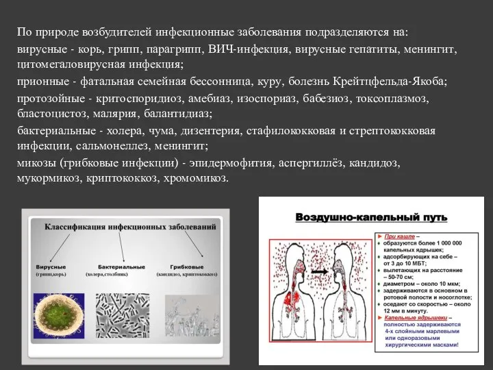 По природе возбудителей инфекционные заболевания подразделяются на: вирусные - корь, грипп, парагрипп,