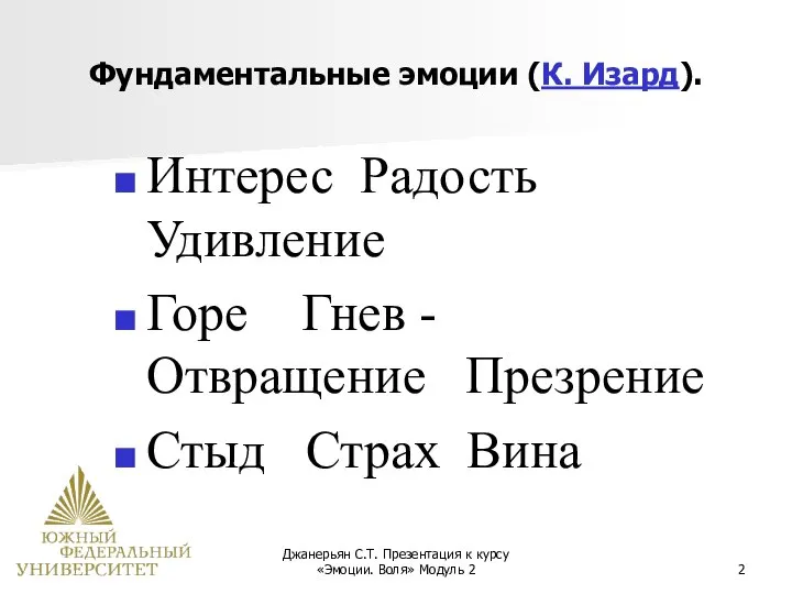 Джанерьян С.Т. Презентация к курсу «Эмоции. Воля» Модуль 2 Фундаментальные эмоции (К.