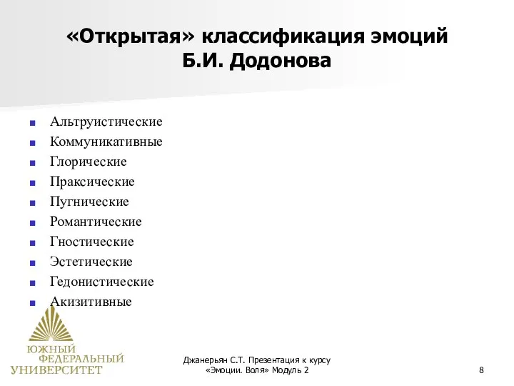 Джанерьян С.Т. Презентация к курсу «Эмоции. Воля» Модуль 2 «Открытая» классификация эмоций