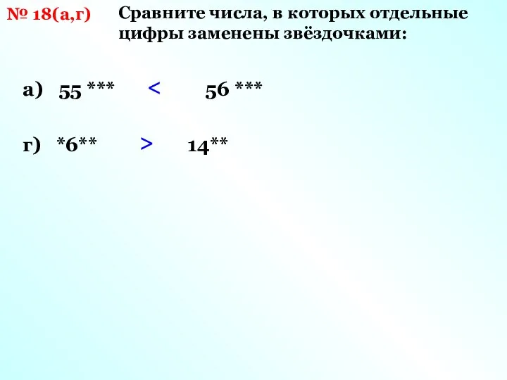 № 18(а,г) Сравните числа, в которых отдельные цифры заменены звёздочками: г) *6**