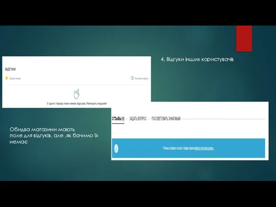 4. Відгуки інших користувачів Обидва магазини мають поле для відгуків, але ,як бачимо їх немає