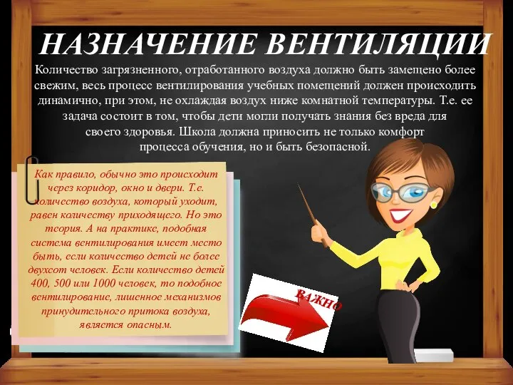 НАЗНАЧЕНИЕ ВЕНТИЛЯЦИИ Количество загрязненного, отработанного воздуха должно быть замещено более свежим, весь