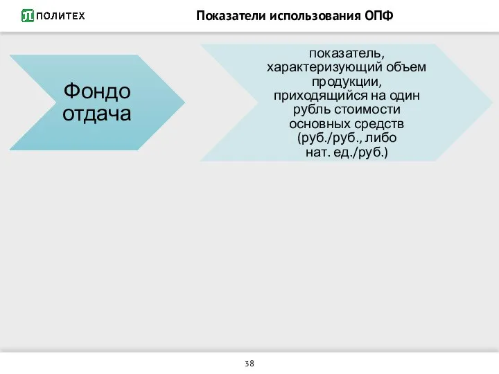 Показатели использования ОПФ Фондоотдача показатель, характеризующий объем продукции, приходящийся на один рубль