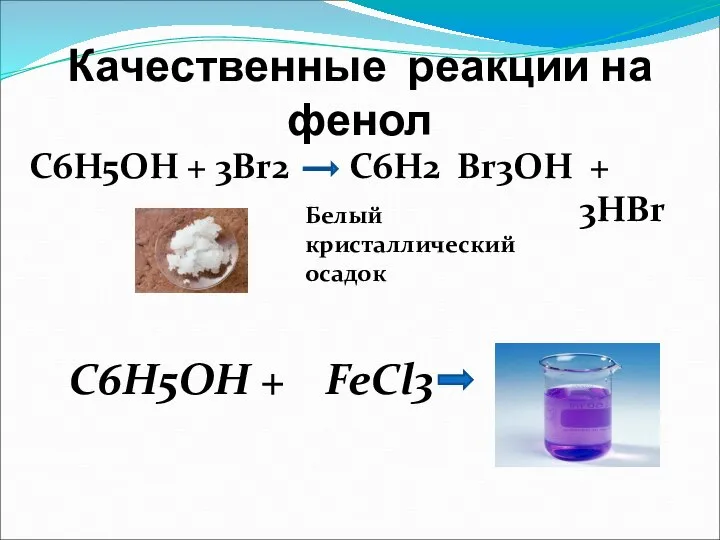 Качественные реакции на фенол Белый кристаллический осадок C6H5OH + FeCl3 фиолетовое окрашивание
