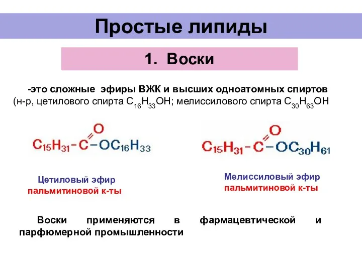 Простые липиды это сложные эфиры ВЖК и высших одноатомных спиртов (н-р, цетилового