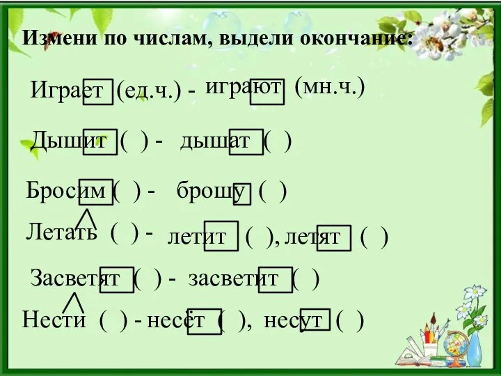 Измени по числам, выдели окончание: Играет (ед.ч.) - играют (мн.ч.) Дышит (