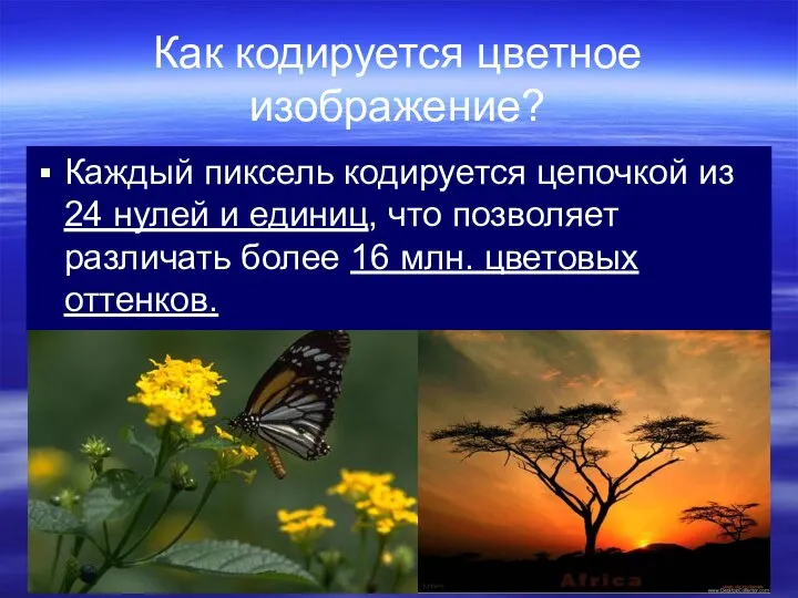 Как кодируется цветное изображение? Каждый пиксель кодируется цепочкой из 24 нулей и