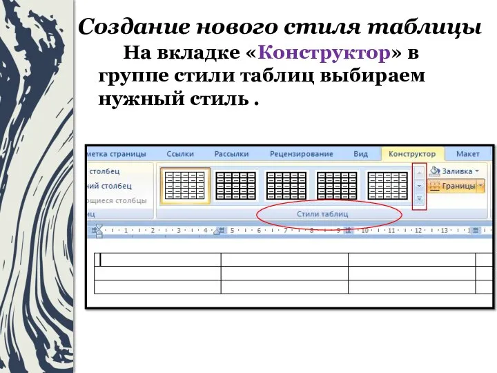 Создание нового стиля таблицы На вкладке «Конструктор» в группе стили таблиц выбираем нужный стиль .