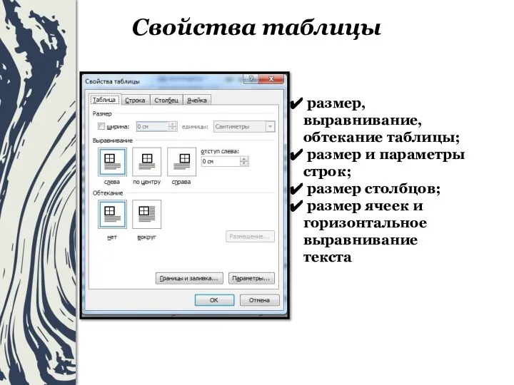 Свойства таблицы размер, выравнивание, обтекание таблицы; размер и параметры строк; размер столбцов;