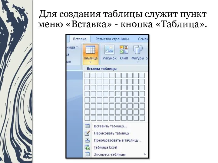 Для создания таблицы служит пункт меню «Вставка» - кнопка «Таблица».