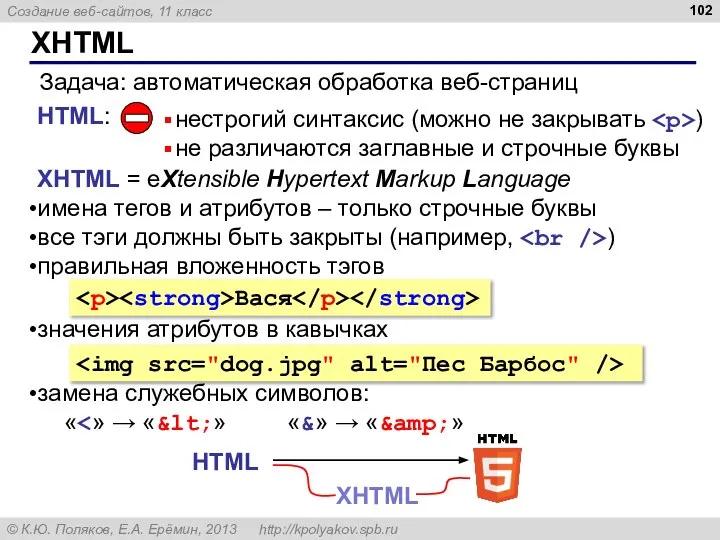 XHTML Задача: автоматическая обработка веб-страниц HTML: нестрогий синтаксис (можно не закрывать )