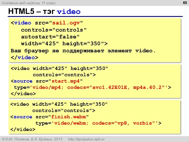HTML5 – тэг video controls="controls" autostart="false" width="425" height="350"> Ваш браузер не поддерживает