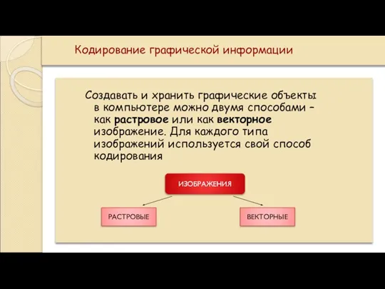 Кодирование графической информации Создавать и хранить графические объекты в компьютере можно двумя