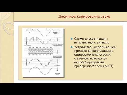 Двоичное кодирование звука Схема дискретизации непрерывного сигнала Устройство, выполняющее процесс дискретизации и