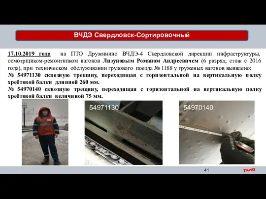 17.10.2019 года на ПТО Дружинино ВЧДЭ-4 Свердловской дирекции инфраструктуры, осмотрщиком-ремонтником вагонов Лизуновым