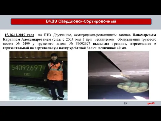 115/16.11.2019 года на ПТО Дружинино, осмотрщиком-ремонтником вагонов Пономаревым Кириллом Александровичем (стаж с