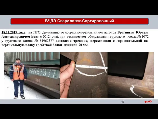 18.11.2019 года на ПТО Дружинино осмотрщиком-ремонтником вагонов Брагиным Юрием Александровичем (стаж с