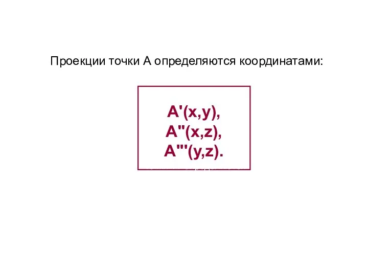 A'(x,y), A"(x,z), A'''(y,z). точки А определяются координатами: Проекции точки А определяются координатами: