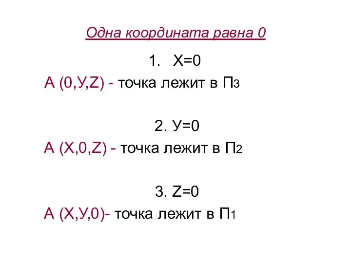 Одна координата равна 0 Х=0 А (0,У,Z) - точка лежит в П3