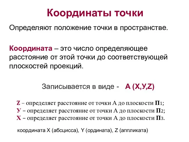 Координаты точки Определяют положение точки в пространстве. Координата – это число определяющее