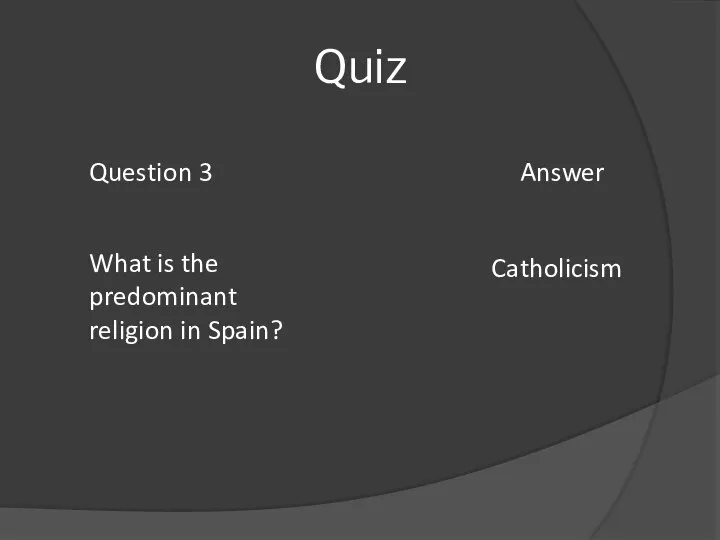 Quiz Question 3 Answer What is the predominant religion in Spain? Catholicism