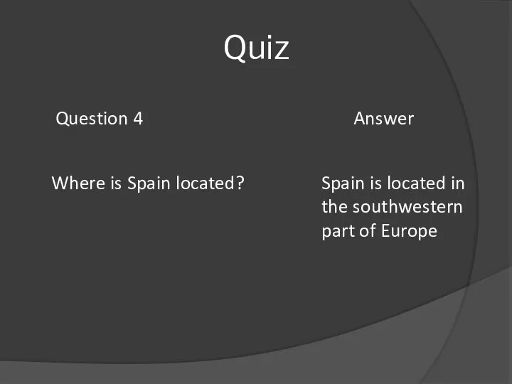 Quiz Question 4 Answer Where is Spain located? Spain is located in