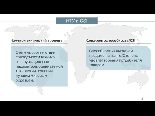 8 НТУ и CSI Научно-технический уровень Степень соответствия совокупности технико-эксплуатационных параметров, оцениваемой