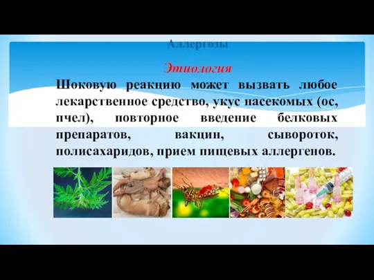 Аллергозы Этиология Шоковую реакцию может вызвать любое лекарственное средство, укус насекомых (ос,