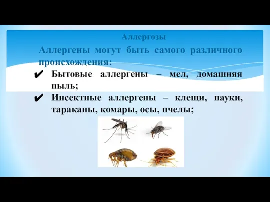 Аллергозы Аллергены могут быть самого различного происхождения: Бытовые аллергены – мел, домашняя