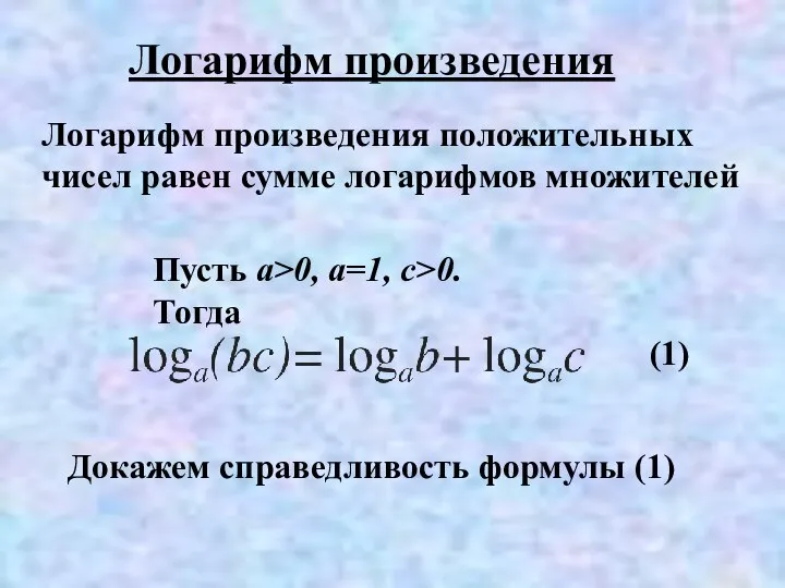 Логарифм произведения положительных чисел равен сумме логарифмов множителей Логарифм произведения Пусть а>0,