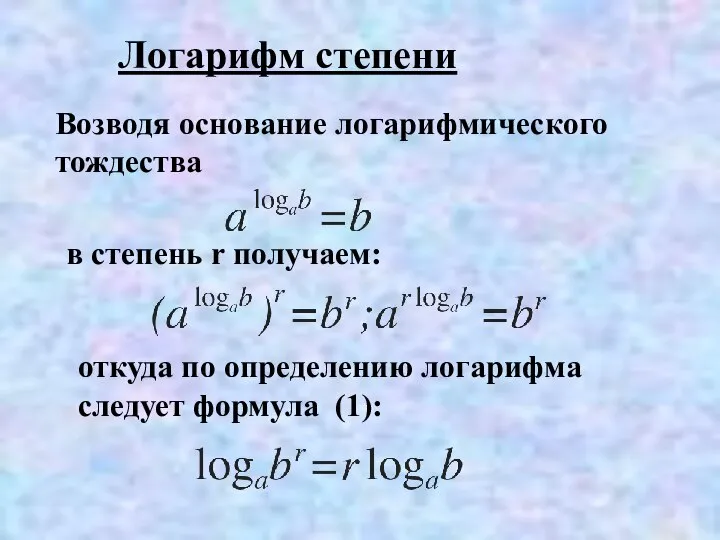 Логарифм степени Возводя основание логарифмического тождества в степень r получаем: откуда по