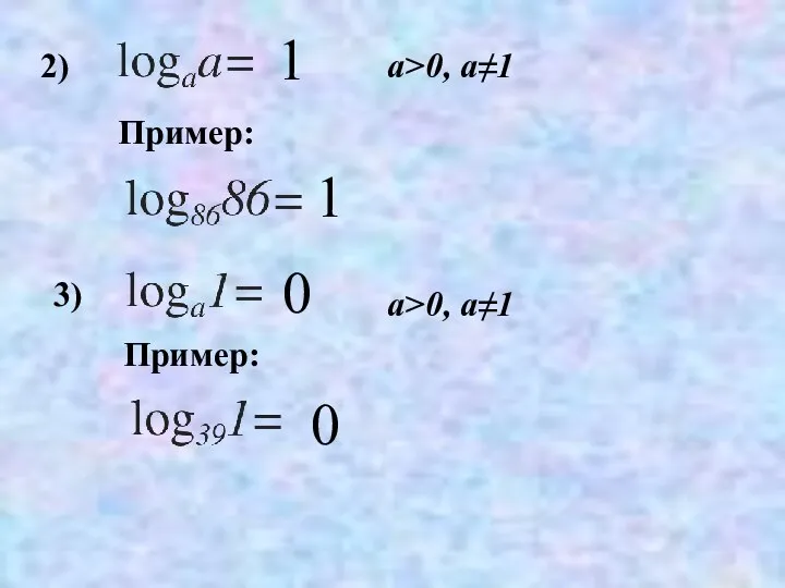 2) 1 Пример: 1 3) 0 Пример: 0 a>0, a≠1 a>0, a≠1