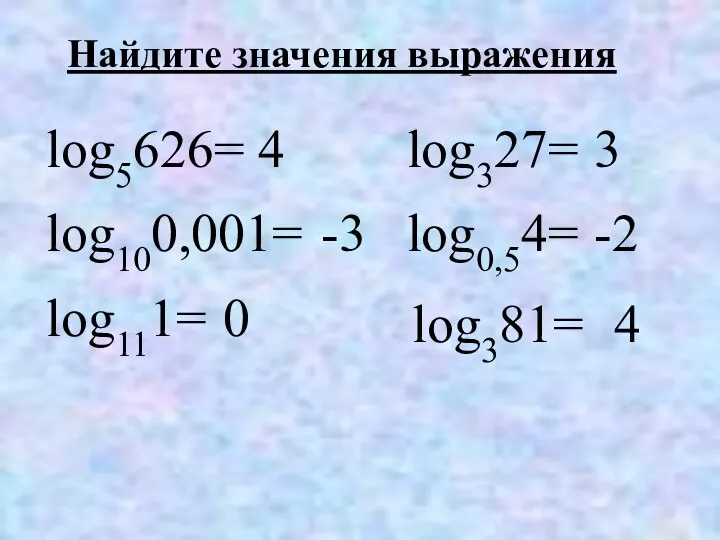 Найдите значения выражения log5626= log327= log0,54= log100,001= log111= log381= 4 3 -3 -2 0 4