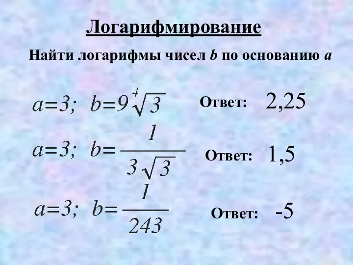 Логарифмирование Найти логарифмы чисел b по основанию а Ответ: 2,25 Ответ: 1,5 Ответ: -5