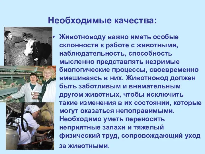 Необходимые качества: Животноводу важно иметь особые склонности к работе с животными, наблюдательность,