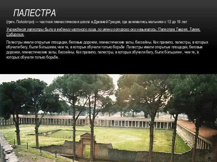 ПАЛЕСТРА (греч. Παλαίστρα) — частная гимнастическая школа в Древней Греции, где занимались