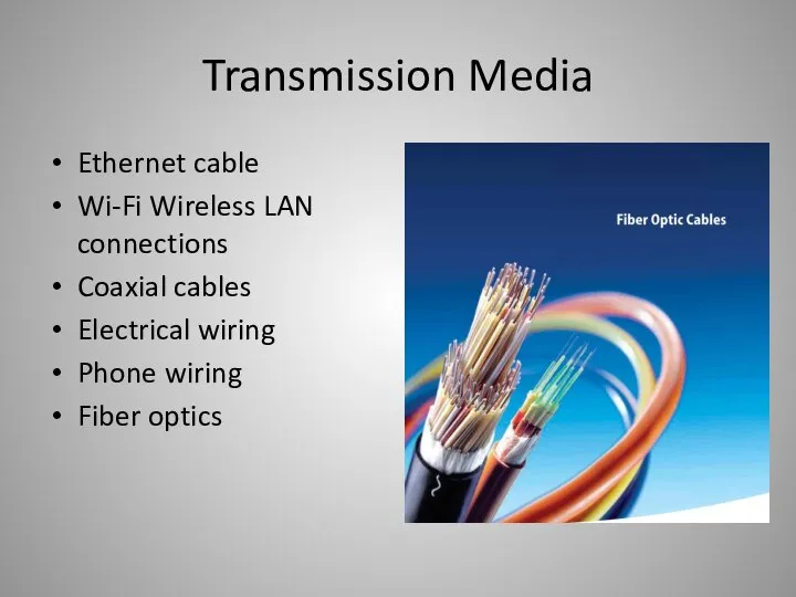 Transmission Media Ethernet cable Wi-Fi Wireless LAN connections Coaxial cables Electrical wiring Phone wiring Fiber optics