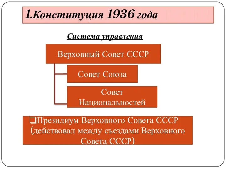 1.Конституция 1936 года Система управления Верховный Совет СССР Совет Союза Совет Национальностей