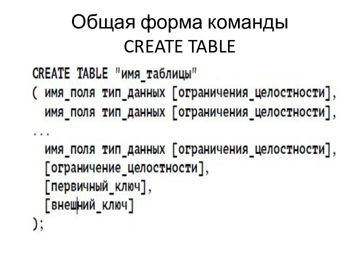Общая форма команды CREATE TABLE