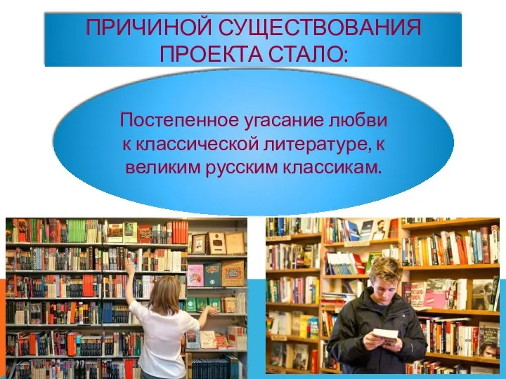 ПРИЧИНОЙ СУЩЕСТВОВАНИЯ ПРОЕКТА СТАЛО: Постепенное угасание любви к классической литературе, к великим русским классикам.