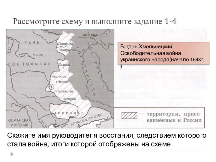 Рассмотрите схему и выполните задание 1-4 Скажите имя руководителя восстания, следствием которого