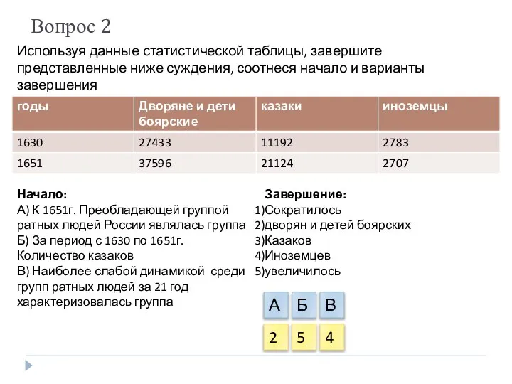 Вопрос 2 Используя данные статистической таблицы, завершите представленные ниже суждения, соотнеся начало