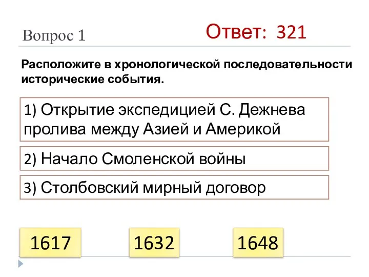 Вопрос 1 Расположите в хронологической последовательности исторические события. 1) Открытие экспедицией С.