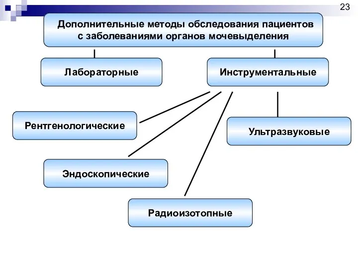 Дополнительные методы обследования пациентов с заболеваниями органов мочевыделения Лабораторные Инструментальные Рентгенологические Эндоскопические Ультразвуковые Радиоизотопные 23