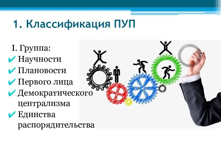 1. Классификация ПУП I. Группа: Научности Плановости Первого лица Демократического централизма Единства распорядительства