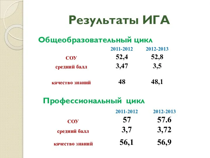 Результаты ИГА Общеобразовательный цикл Профессиональный цикл