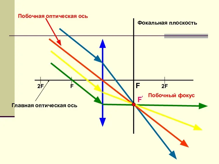 F 2F 2F F F’ Фокальная плоскость Главная оптическая ось Побочная оптическая ось Побочный фокус