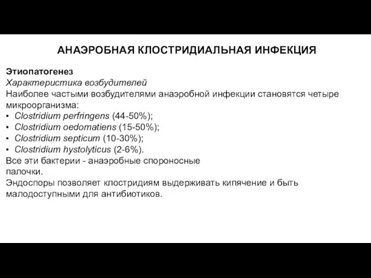 АНАЭРОБНАЯ КЛОСТРИДИАЛЬНАЯ ИНФЕКЦИЯ Этиопатогенез Характеристика возбудителей Наиболее частыми возбудителями анаэробной инфекции становятся