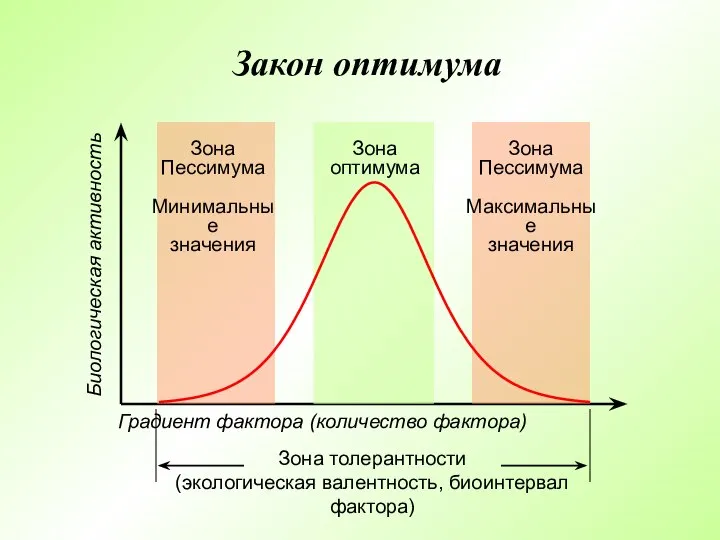 Закон оптимума Зона оптимума Зона Пессимума Минимальные значения Зона Пессимума Максимальные значения